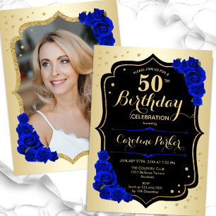 Glam Gold Black Royal Blue Foto 50. Geburtstag Einladung