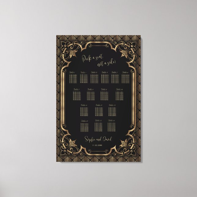 Glam Gold Black Wedding Chart Leinwanddruck (Vorderseite)