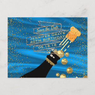 Glam Gold Blue Save the Date Champagne Geburtstag Ankündigungspostkarte
