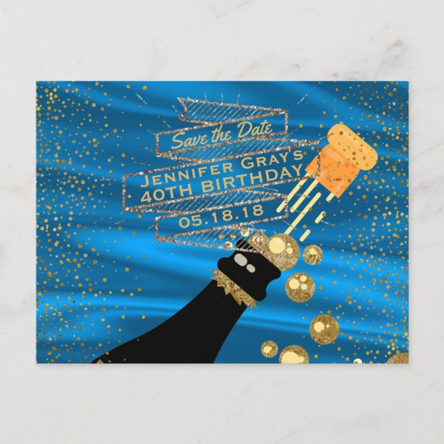 Glam Gold Blue Save the Date Champagne Geburtstag Ankündigungspostkarte (Vorderseite)