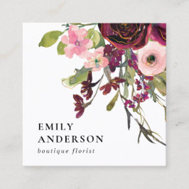 GLAM GOLD BLUSH BURGUNDY WATERCOLOR BLLORAL QUADRATISCHE VISITENKARTE