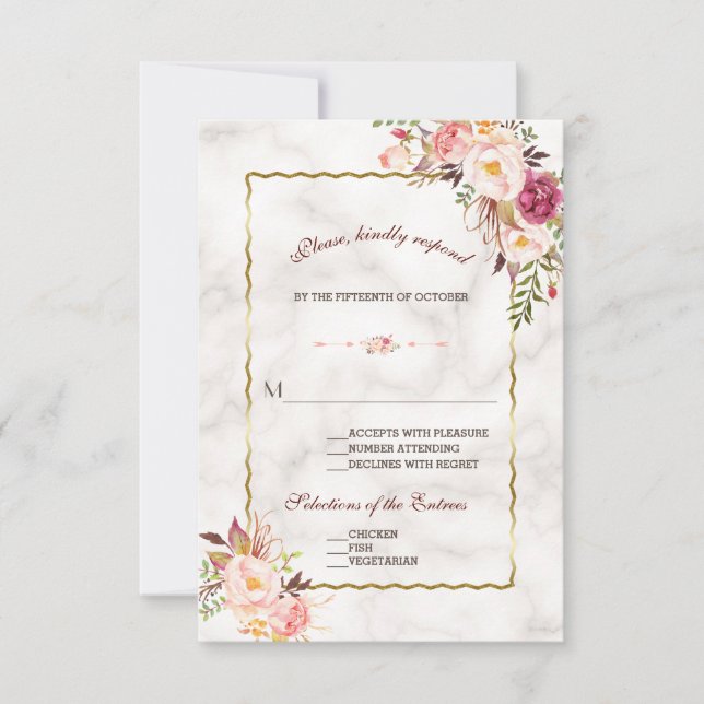 Glam Gold Blush Pink Blumenmarmor Hochzeit RSVP Karte (Vorderseite)