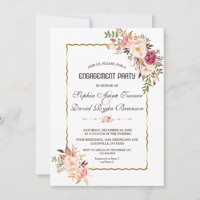 Glam Gold Blush Pink Floral Engagement Party Einladung (Vorderseite)