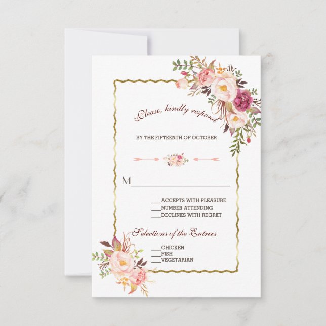 Glam Gold Blush Pink Floral Wedding RSVP (Vorderseite)