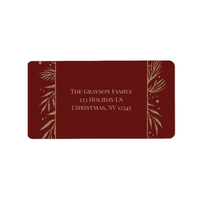 Glam Gold Botanischer Maroon Return Labels Adressaufkleber (Vorne)