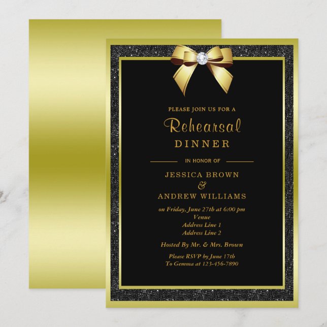 Glam Gold Bow & Black Glitzer Probe Dinner Einladung (Vorne/Hinten)