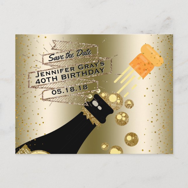 Glam Gold Champagne Save the Date Elegant Geburtst Ankündigungspostkarte (Vorderseite)