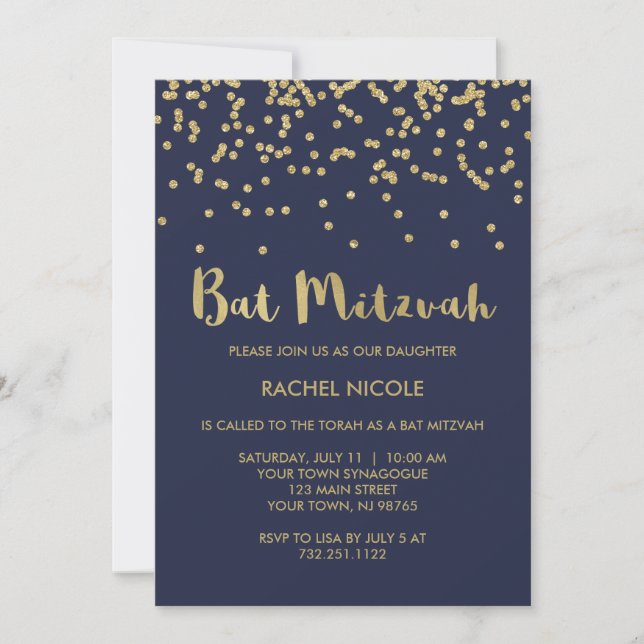 Glam Gold Confetti Bat Mitzvah in Midnight Blue Einladung (Vorderseite)
