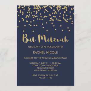 Glam Gold Confetti Bat Mitzvah in Midnight Blue Einladung
