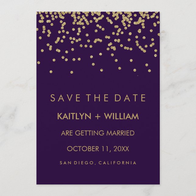 Glam Gold Confetti und Deep Lila Save the Date (Vorderseite)