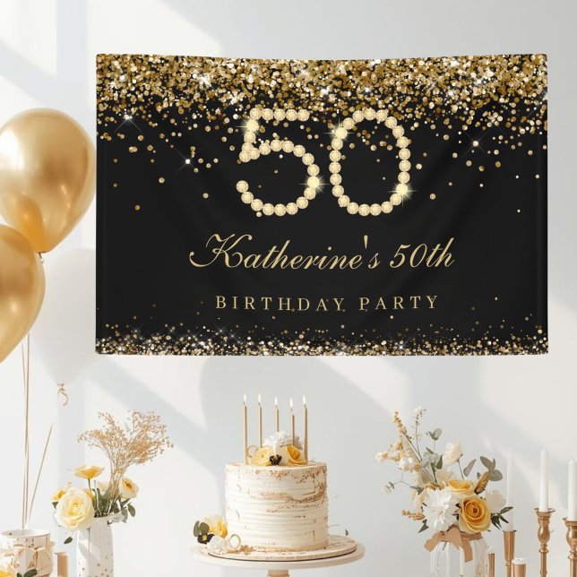 Glam Gold Diamonds 50th Birthday Party Banner (Gold Diamonds 50th Birthday Party Banner )