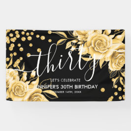 Glam Gold Floral Glitzer 30. Geburtstag Schwarz Banner