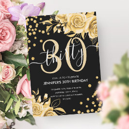 Glam Gold Floral Glitzer 30. Geburtstag Schwarz Einladung