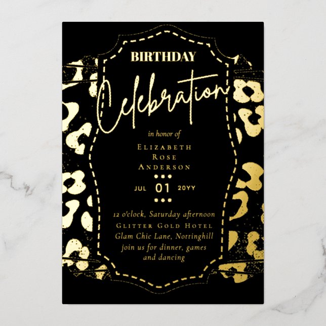 Glam Gold Foil Animal Print Girl Black Birthday Folieneinladung (Vorderseite)