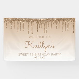 Glam Gold Glitter Drip Sweet 16 Party Banner