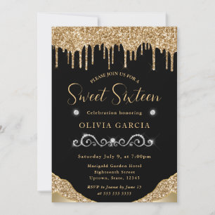 Glam Gold Glitter tropfend Sweet 16 Einladung