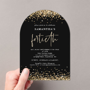 Glam Gold Glitter Vierzigste Party Schwarz Acryleinladungen