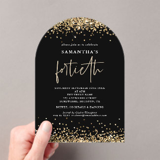 Glam Gold Glitter Vierzigste Party Schwarz Acryleinladungen