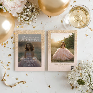 Glam Gold Glitzer 2 Fotos Qr blush Quinceañera Einladung