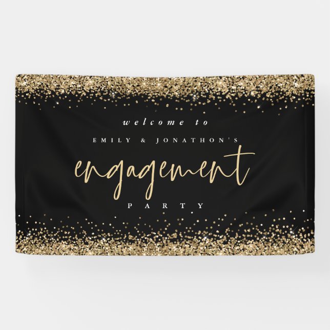 Glam Gold Glitzer Black Welcome Engagement Party Banner (Horizontal)