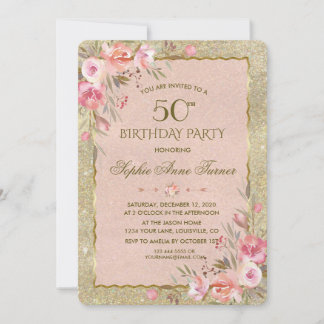 Glam Gold Glitzer Blush Floral Geburtstagsparty Einladung