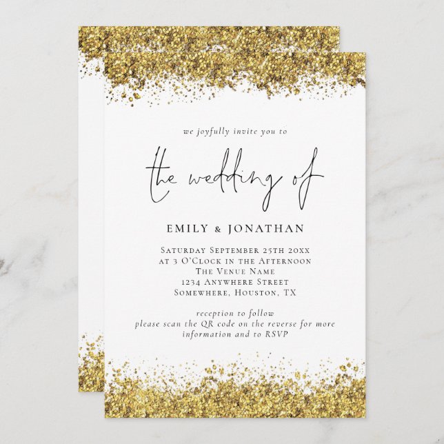 Glam Gold Glitzer Borders Script QR Code Hochzeit Einladung (Vorne/Hinten)