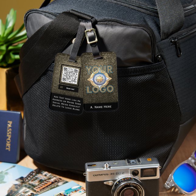 Glam Gold Glitzer Business Custom Logo, QR Code Gepäckanhänger (Vorderseite & Rückseite)