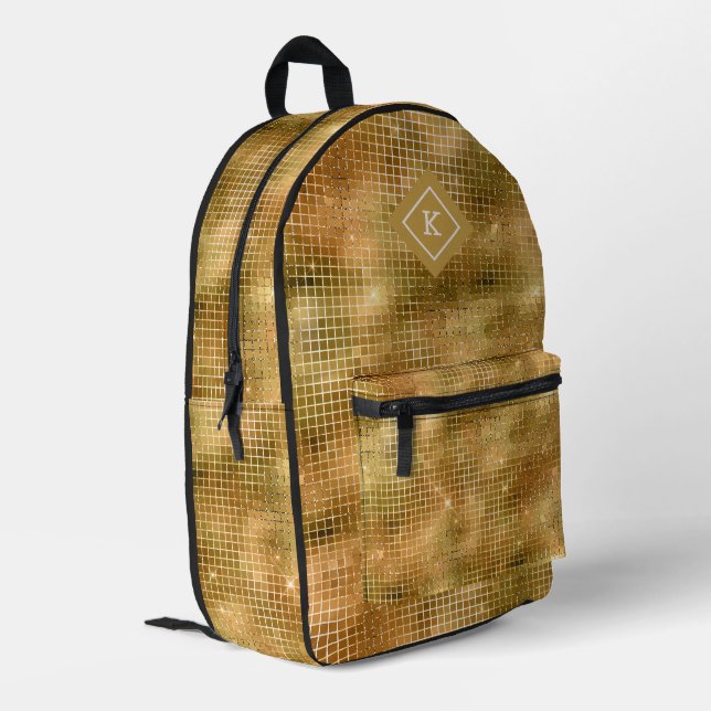 Glam Gold Glitzer Disco Mirrors Bedruckter Rucksack (Rückseitige Ecke links)