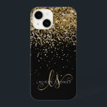 Glam Gold Glitzer Elegantes Monogramm iPhone 14 Hülle<br><div class="desc">Glam Gold Glitzer Elegant Monogram iPhone Case. Dieses schicke Gehäuse mit elegantem goldglänzenden Glitzer auf schwarzem Hintergrund ist einfach zu personalisieren. Das Design enthält Ihr handgeschriebenes Skriptmonogramm mit hübschen Wirbel und Namen.</div>