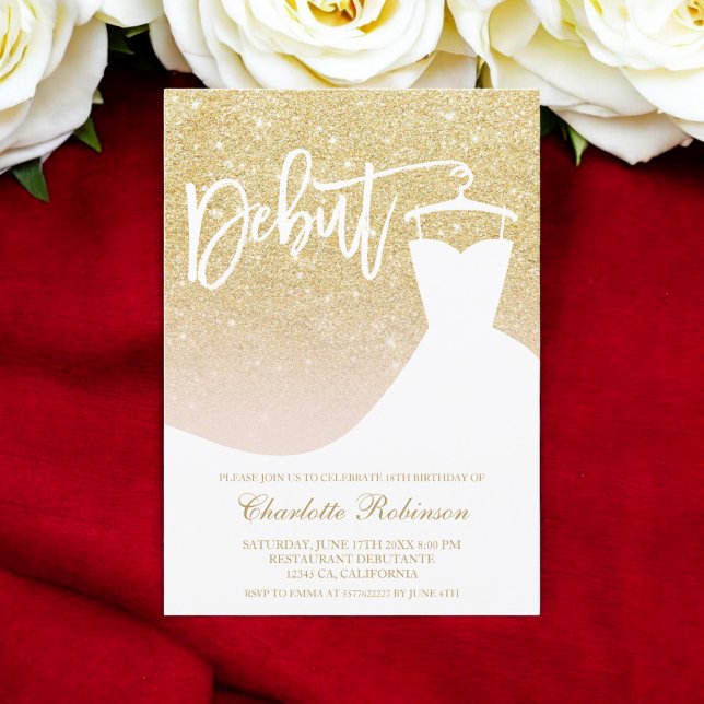 Glam gold Glitzer elegantes schicke Kleid 18. Debu Einladung (Glam gold glitter elegant chic dress 18th Debut Invitation)