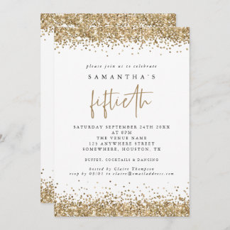 Glam Gold Glitzer Fiftieth Party White Einladung