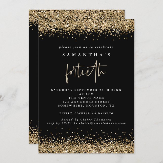 Glam Gold Glitzer Fortieth Party Black Einladung (Vorne/Hinten)