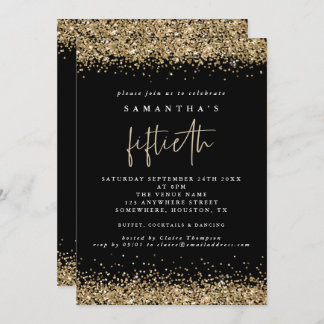 Glam Gold Glitzer Fünfzigstes Party Schwarz Einladung