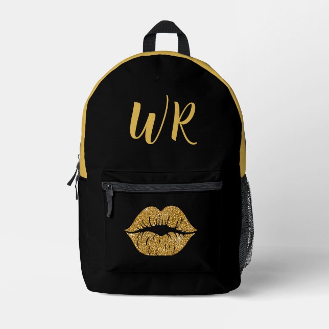 Glam Gold Glitzer Lips on Black Initials Bedruckter Rucksack (Vorderseite)