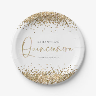 Glam Gold Glitzer Name Datum Quinceañera 15. Party Pappteller