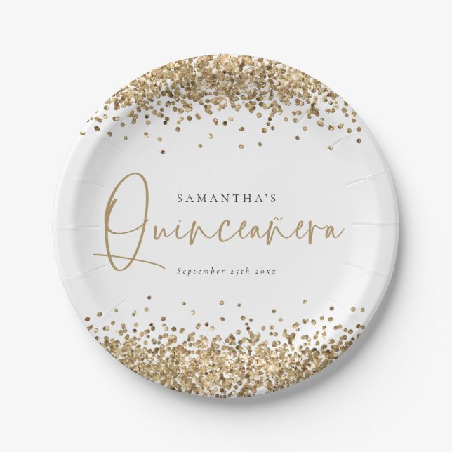 Glam Gold Glitzer Name Datum Quinceañera 15. Party Pappteller (Vorderseite)