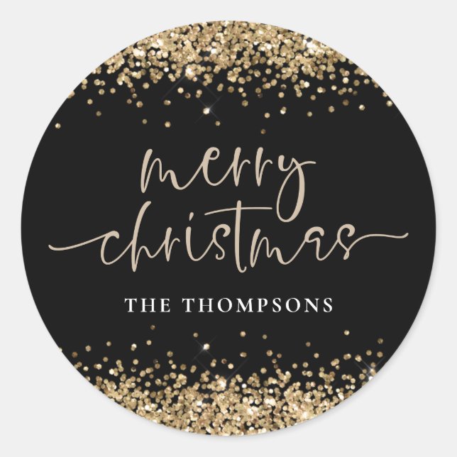 Glam Gold Glitzer Name Frohe Weihnachten Schwarz Runder Aufkleber (Vorderseite)