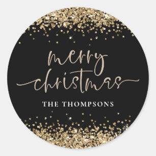 Glam Gold Glitzer Name Frohe Weihnachten Schwarz Runder Aufkleber