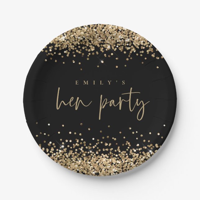 Glam Gold Glitzer Name Hen Party Black Pappteller (Vorderseite)