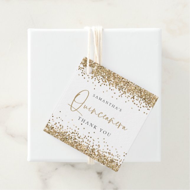 Glam Gold Glitzer Name Quinceñera Vielen Dank Geschenkanhänger (Beispiel)