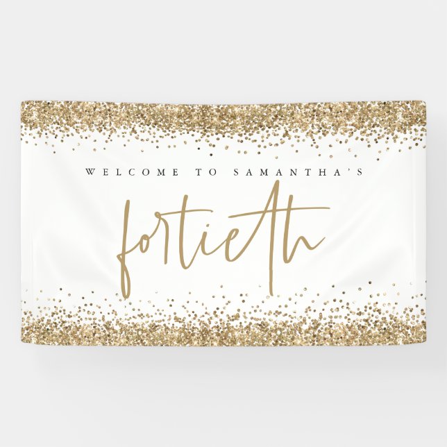 Glam Gold Glitzer Name Welcome 40 Party Banner (Horizontal)