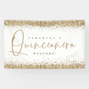 Glam Gold Glitzer Name Welcome Quinceañera Banner