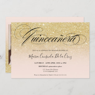 Glam gold Glitzer ombre script pink quinceañera Einladung