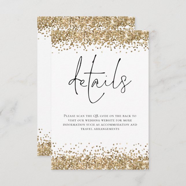 Glam Gold Glitzer QR Code Skriptdetails Hochzeitsa Begleitkarte (Vorne/Hinten)