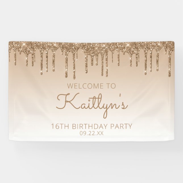 Glam Gold Glitzer Tropfen 16. Geburtstagsparty Banner (Horizontal)
