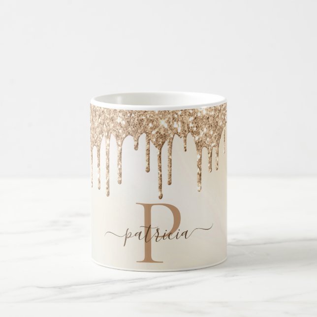 Glam Gold Glitzer Tropfen Elegantes Monogramm Kaffeetasse (Mittel)