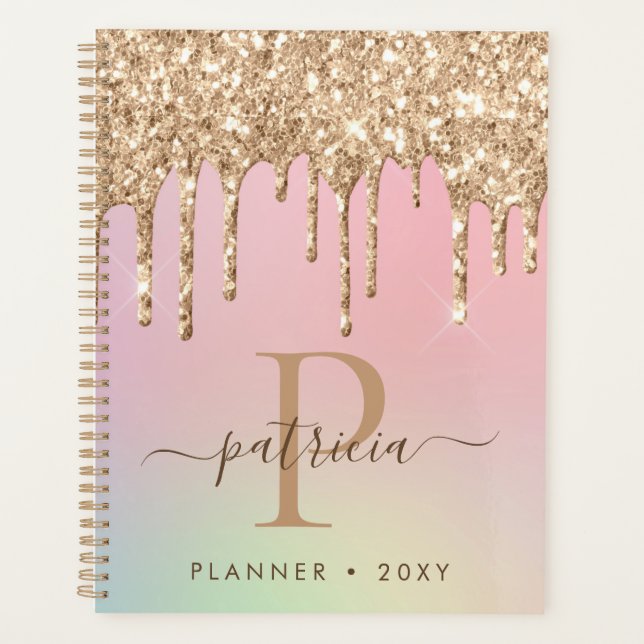 Glam Gold Glitzer Tropfen Elegantes Monogramm Planer (Vorderseite)