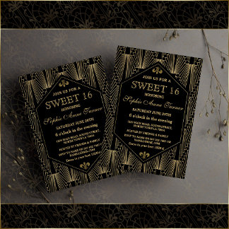 Glam Gold Great Gatsby Art Deco Sweet 16 Party Einladung