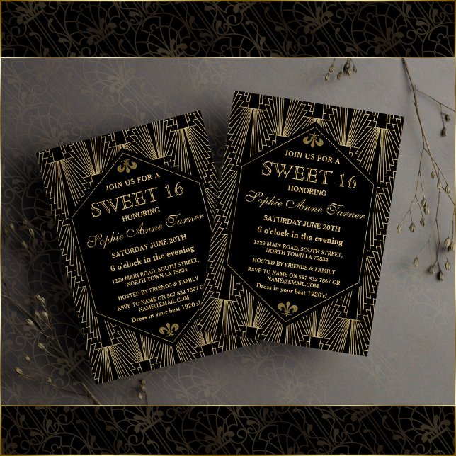 Glam Gold Great Gatsby Art Deco Sweet 16 Party Einladung (sweet 16 invitation, great Gatsby sweet 16 invite, trendy gold black sweet sixteen invite)