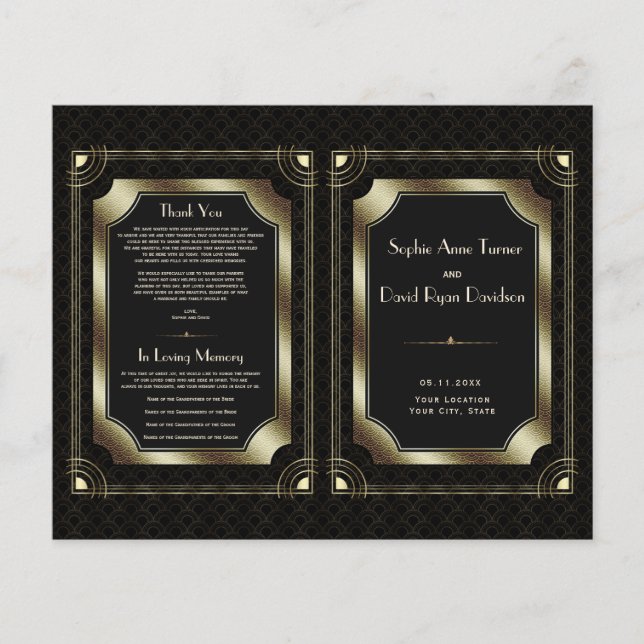 Glam Gold Great Gatsby Art Deco Wedding Programm (Vorderseite)